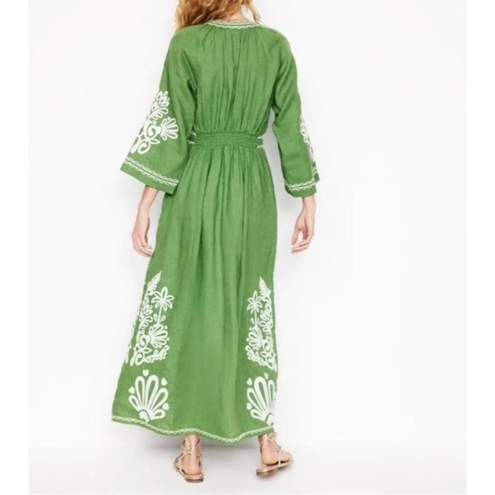 Boden Una Linen Embroidered Maxi Dress US Sz 6 R Green Embroidered Pockets - Picture 2 of 7